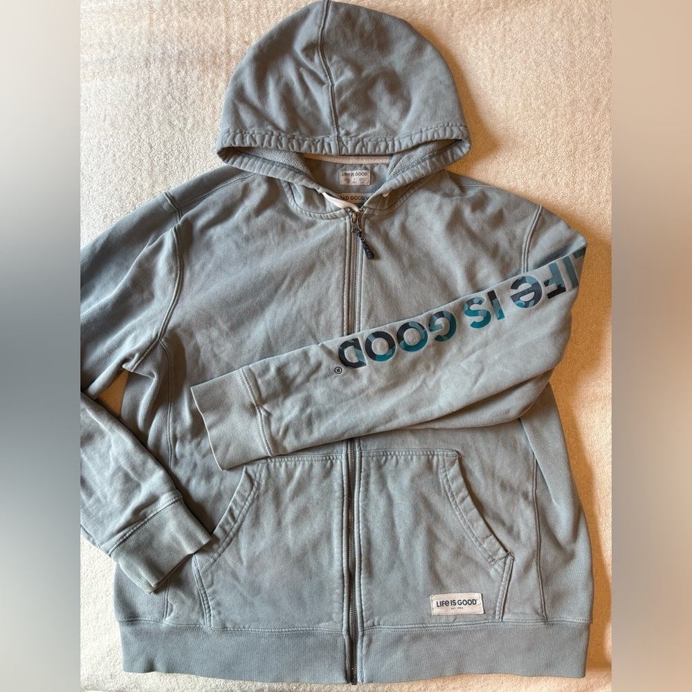 Life Is Good Blue Gray Hoodie w Sleeve Logo, Peace Sign. Men’s L